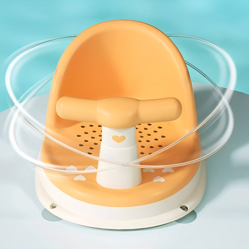 Orange baby seat with clear straps on a light blue background