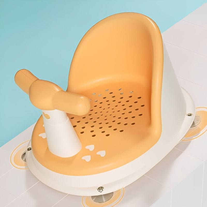 Orange and white bath seat with a handle on a tiled floor against a blue wall.