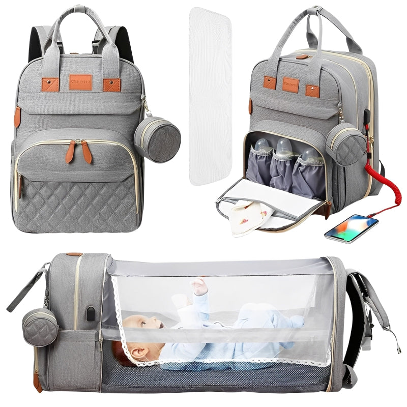 Multifunctional baby backpack with changing pad, bottles, and baby in bassinet.