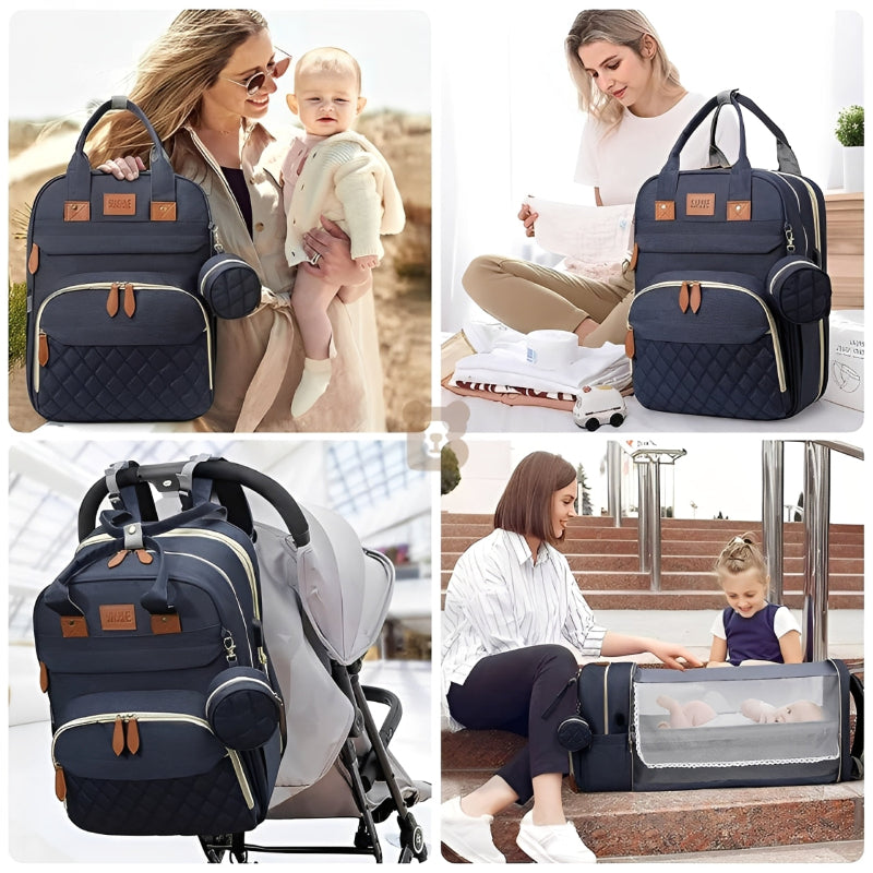 Navy blue backpack with baby carrier and changing pad used by a woman with a baby.