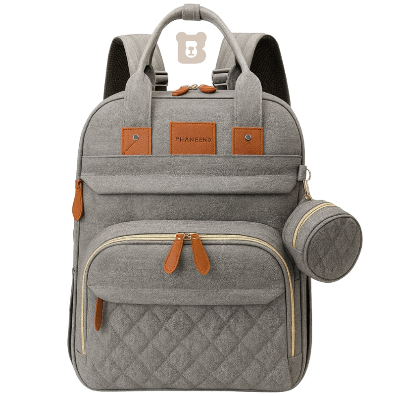 Gray backpack with quilted design and brown accents on a white background