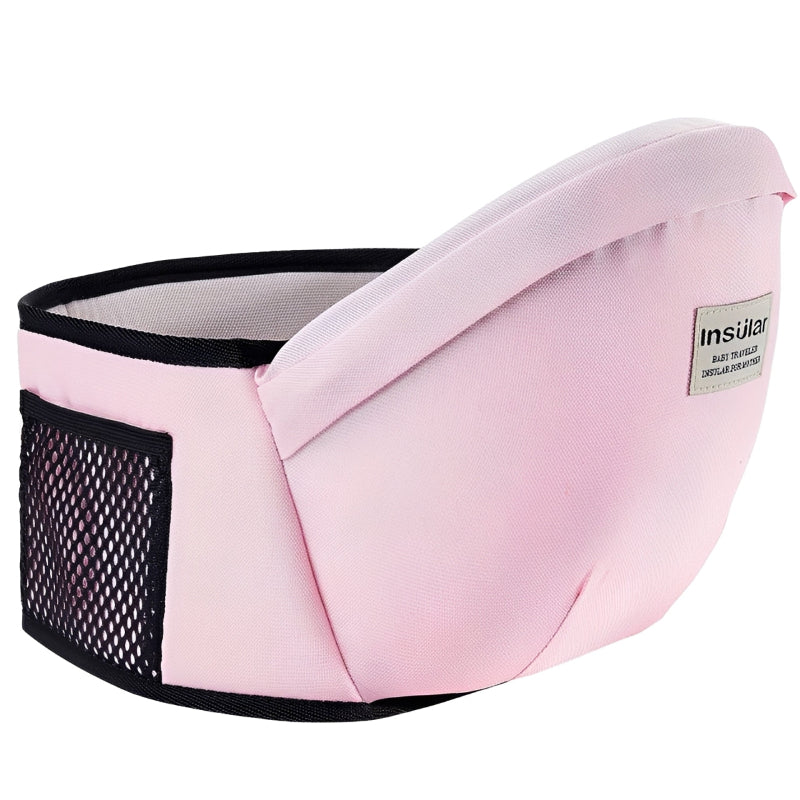 Pink baby-carrier with black mesh side on a white background