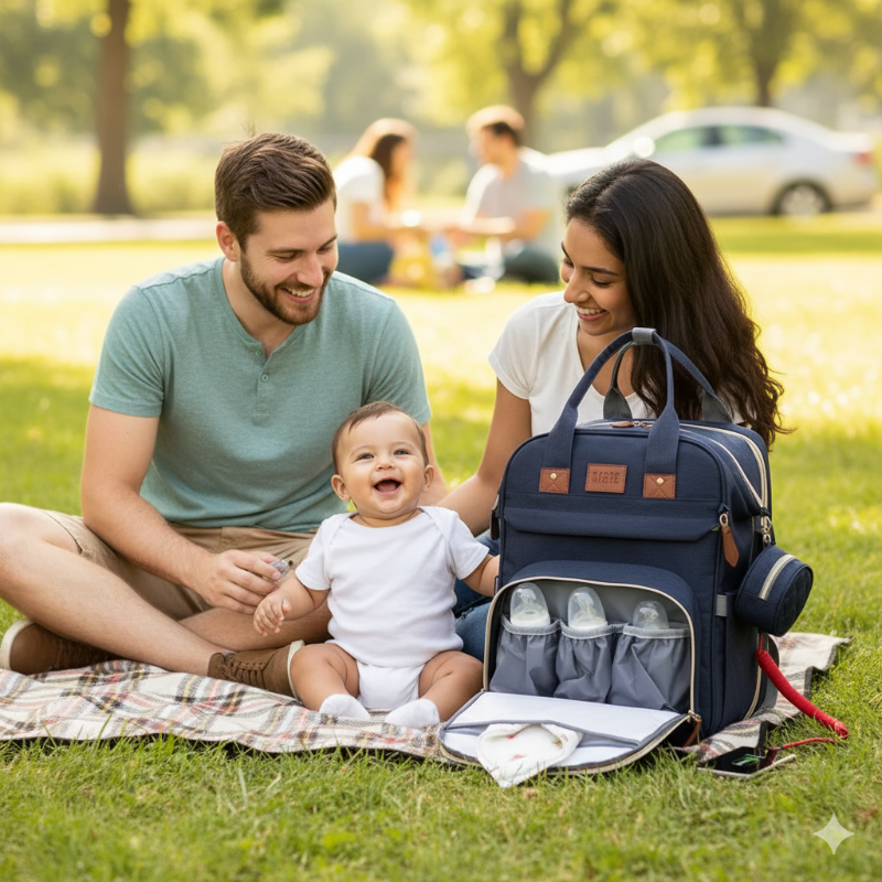 Family sitting on a blanket in a park with a navy blue diaper bag.