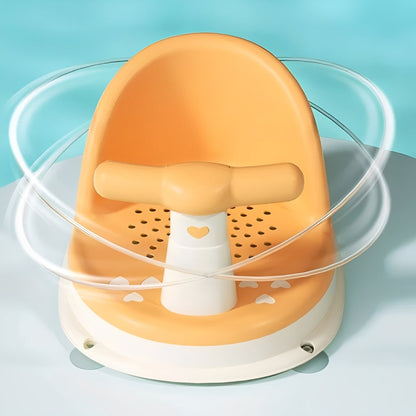 Orange baby seat with clear straps on a light blue background