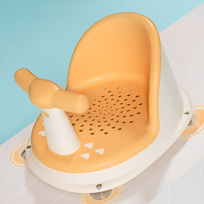Orange and white bath seat with a handle on a tiled floor against a blue wall.