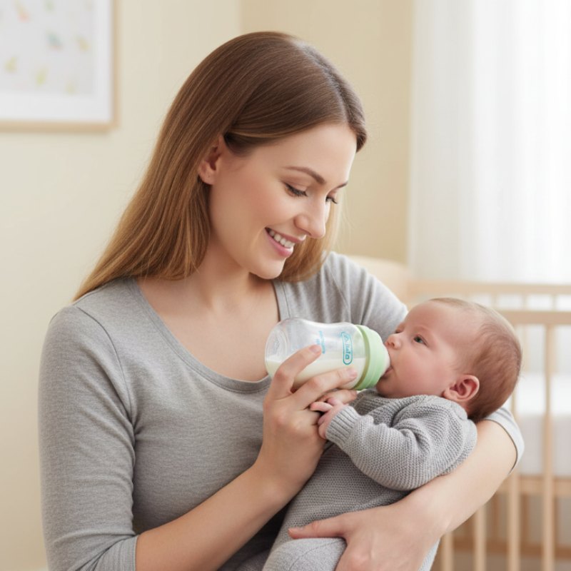 Woman holding a baby and feeding them with a bottle in a nursery setting
