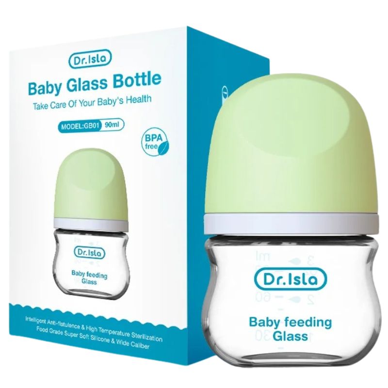 Dr. Islo baby feeding glass bottle with green cap and packaging on a white background