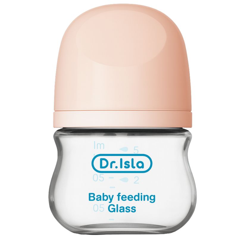 Dr. Isla baby feeding glass bottle with pink cap on a white background
