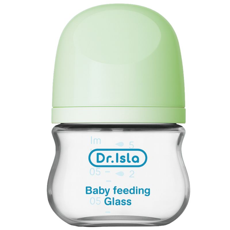 Dr. Isla baby feeding glass bottle with green cap on a white background