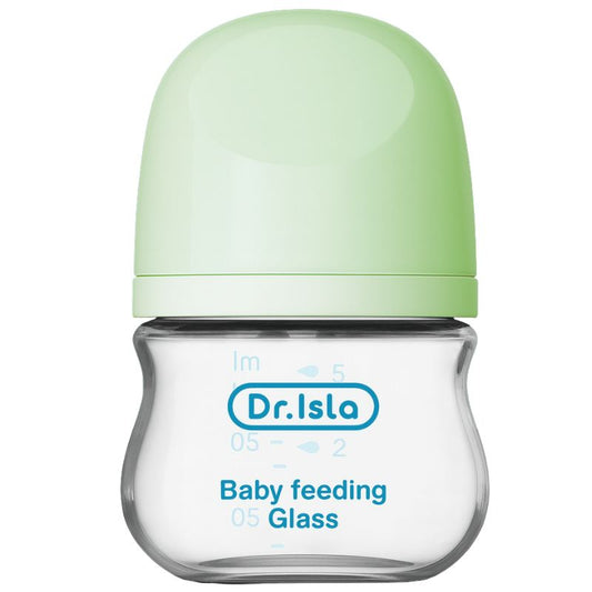 Dr. Isla baby feeding glass bottle with green cap on a white background