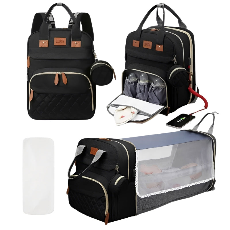 Black diaper bag with organizer, bottles, and other accessories on a white background