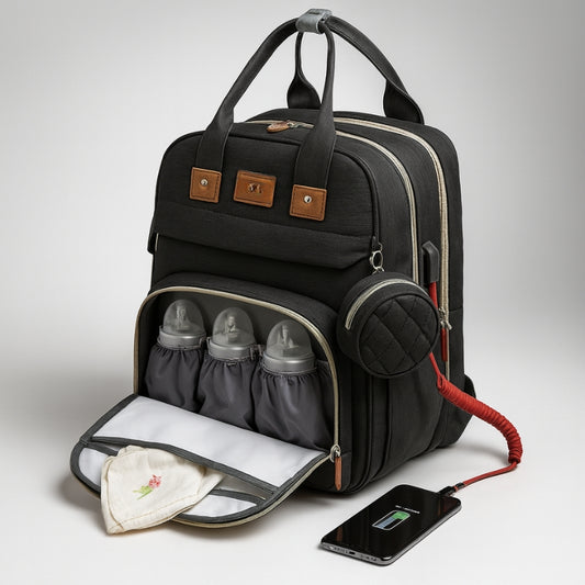 Black diaper bag with baby bottles, changing mat, and phone on a light gray background