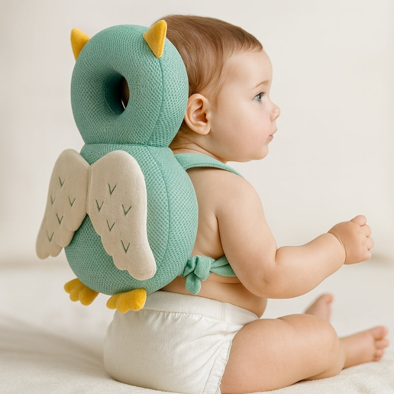 Baby wearing a green owl-shaped pillow on a plain background
