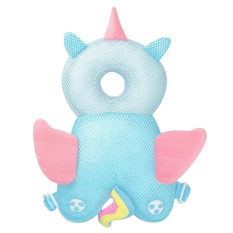 Blue and pink plush toy with a unicorn design on a white background