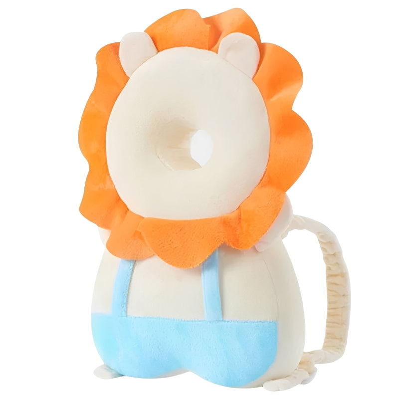 Plush lion toy with an orange mane on a white background