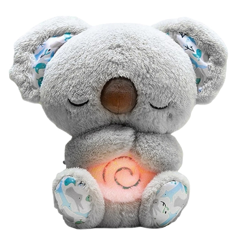Plush toy koala with glowing belly on a white background