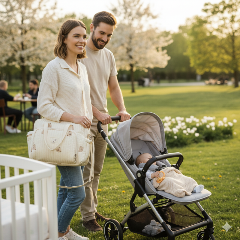Couple with a baby in a stroller in a park