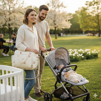 Couple with a baby in a stroller in a park