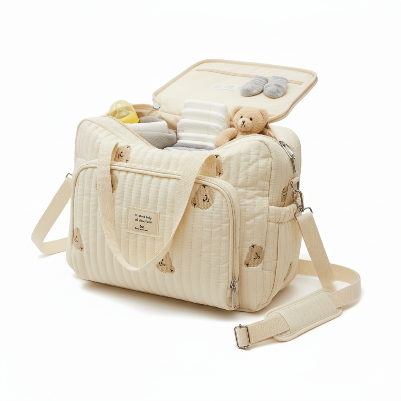 Beige quilted diaper bag with teddy bear and baby items on a white background