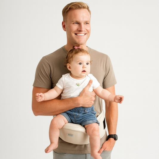 Man holding a baby in a baby carrier against a plain background