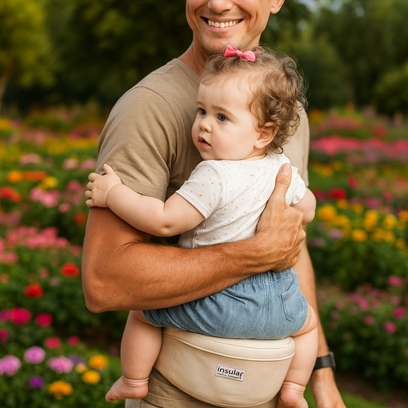 Man holding a baby in a carrier with a garden in the background