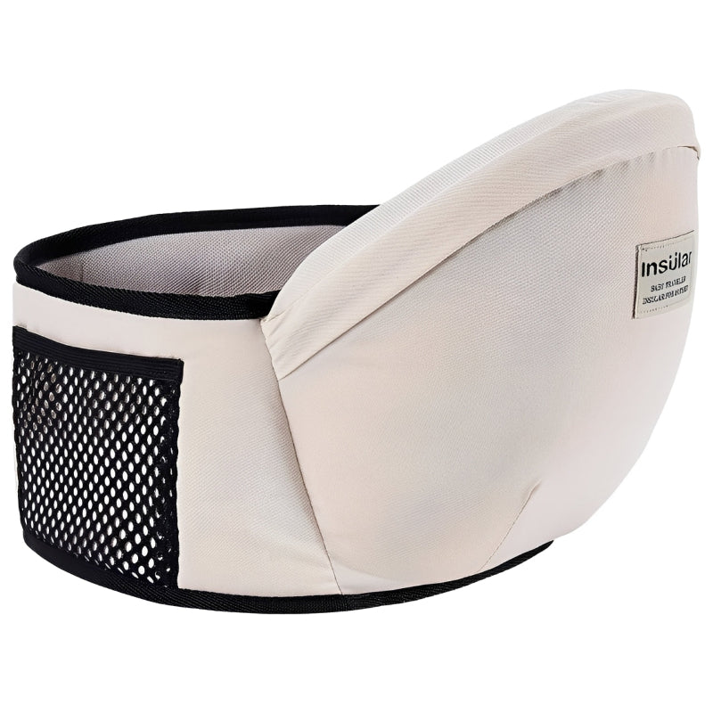 White baby carrier with mesh pocket on a white background