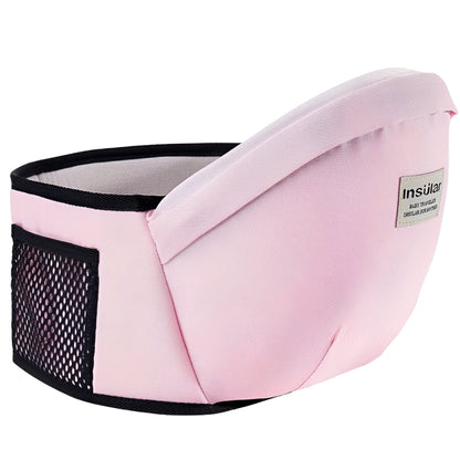 Pink baby-carrier with black mesh side on a white background
