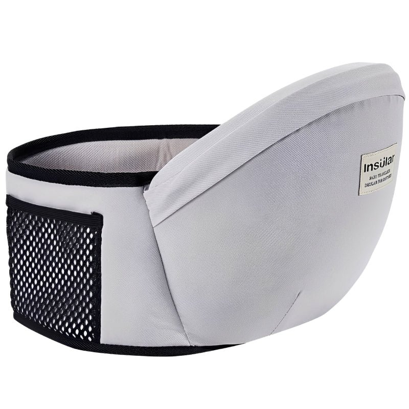 Gray baby carrier with black mesh pocket on a white background