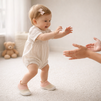 Baby in a light-colored outfit standing on a carpeted floor with a teddy bear in the background.